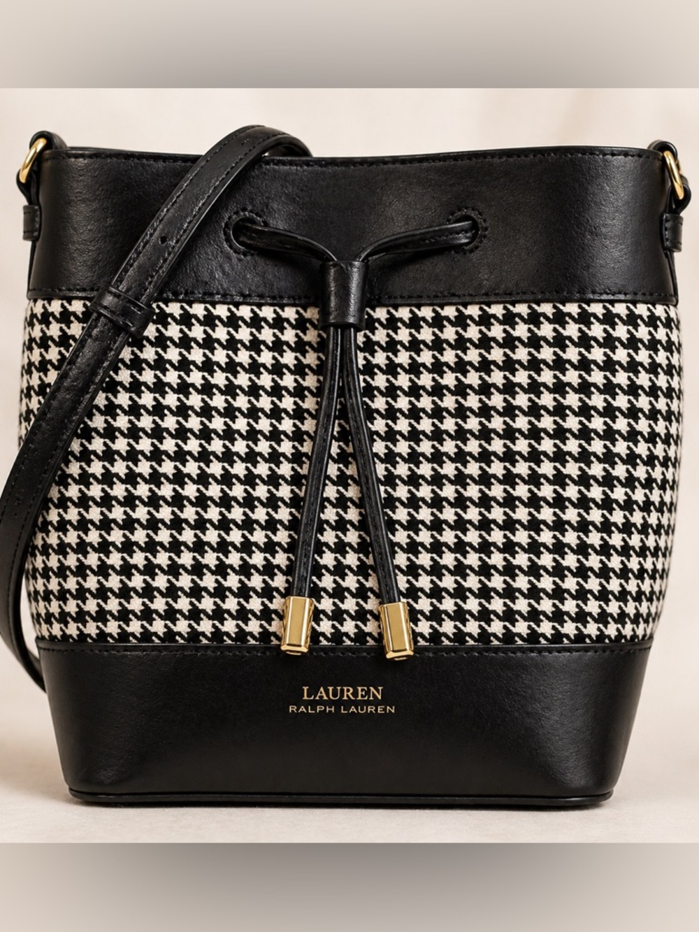 Lauren Ralph Lauren Houndstooth Leather Bucket Bag Crossbody Black Gold Hardware